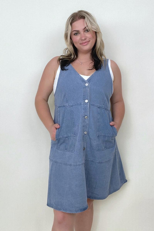 Davi & Dani Button Front Adjustable Strap Denim Dress - GIGI & POPO