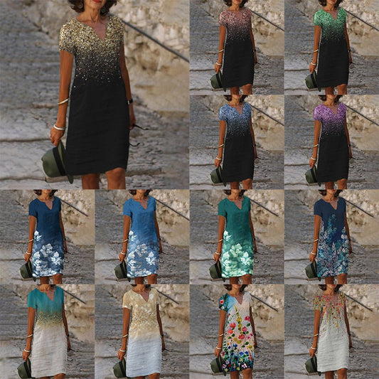 European and American women's spring fashion dress in various colorful prints, cotton blend fabric.