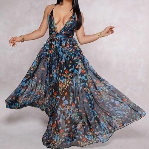 Deep V-neck back chiffon dress with floral print, long swing skirt, and high waist design.