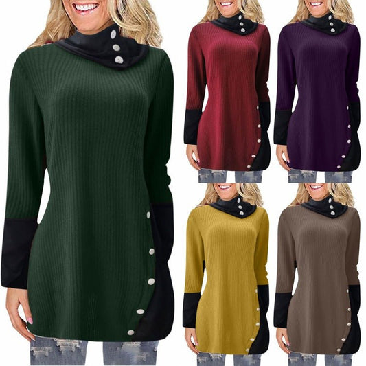 European and American women's long sleeve irregular dress in khaki, yellow, green; A-line, pullover design with stack collar and splicing accents.
