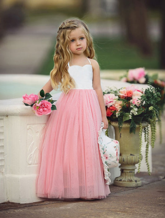 European style sleeveless lace dress gown for children with pink skirt and floral accents.