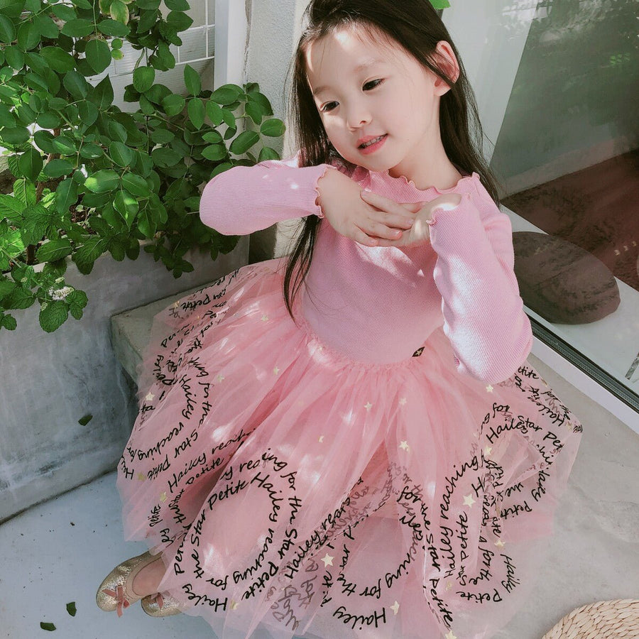 Fancy girls' dress with lace and star print - GIGI & POPO - 02Pink / Letter / 100cm