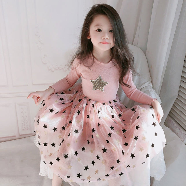 Fancy girls' dress with lace and star print
