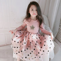 Fancy girls' dress with lace and star print - GIGI & POPO - 01Pink / Star / 130cm