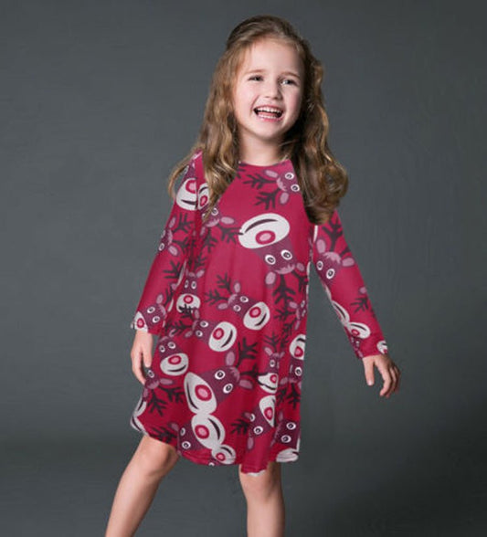 Fashion Casual Santa Printed Long Sleeve Girls Dress - GIGI & POPO - Baby Girl - Elk Red / 90cm