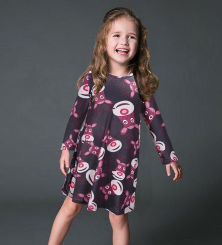 Fashion Casual Santa Printed Long Sleeve Girls Dress - GIGI & POPO - Baby Girl - Elk Coffee / 90cm