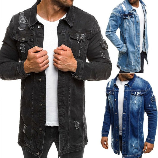 Mid-length ripped denim jackets for men in black, light blue, and dark blue.