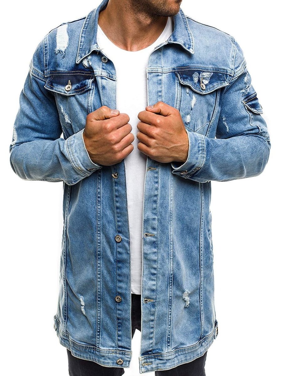 Fashion Men's Mid-length Ripped Denim Jacket - GIGI & POPO - Men - Light Blue / M