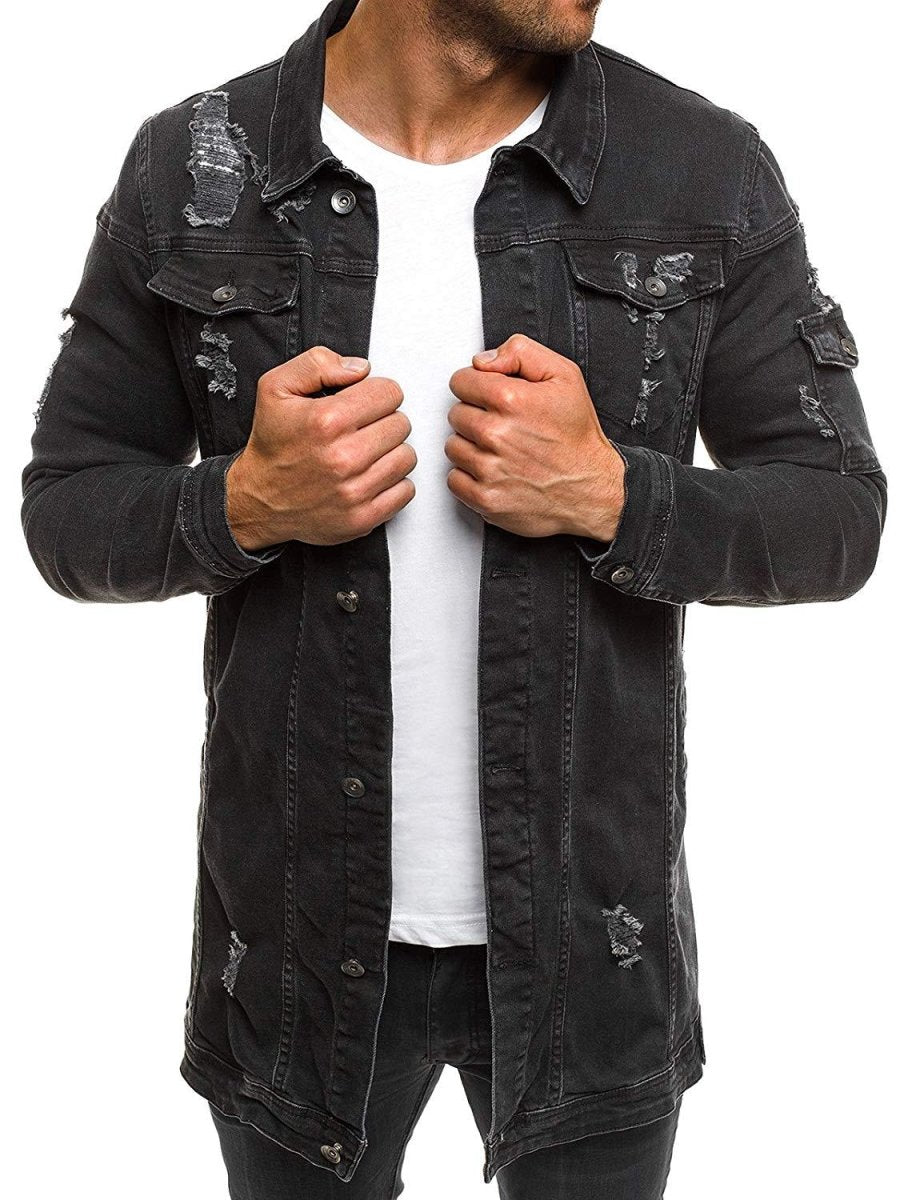 Fashion Men's Mid-length Ripped Denim Jacket - GIGI & POPO - Men - Black / M