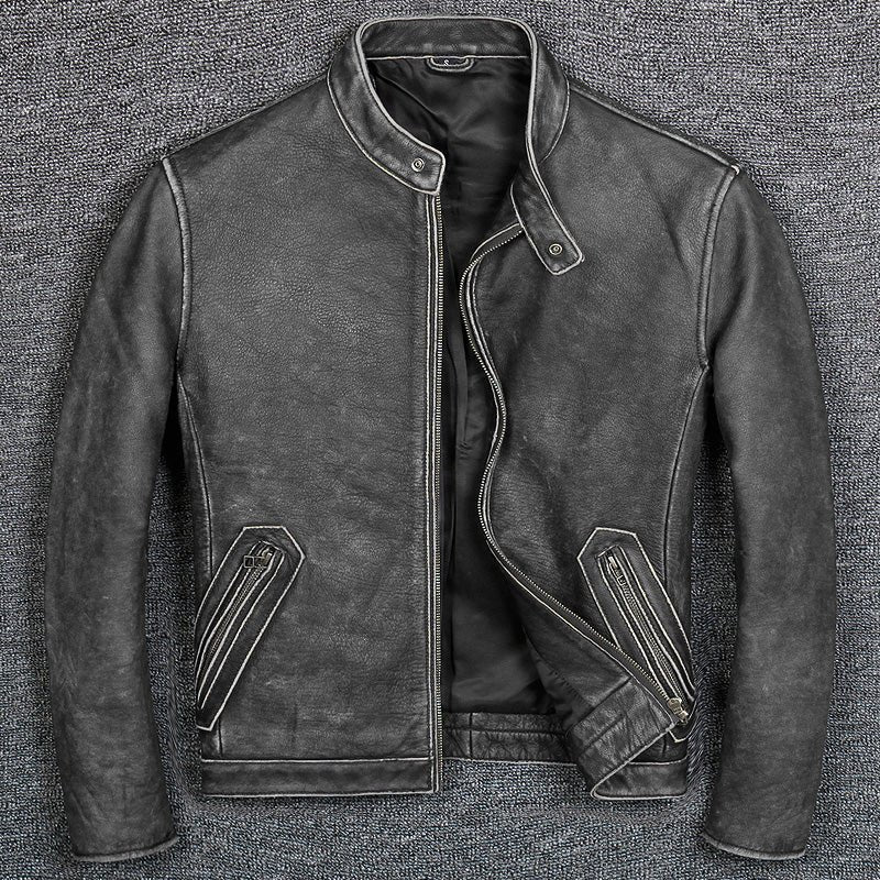 First Layer Cowhide Leather Jacket - GIGI & POPO - Men Hoodies & Jackets - Grey background / M