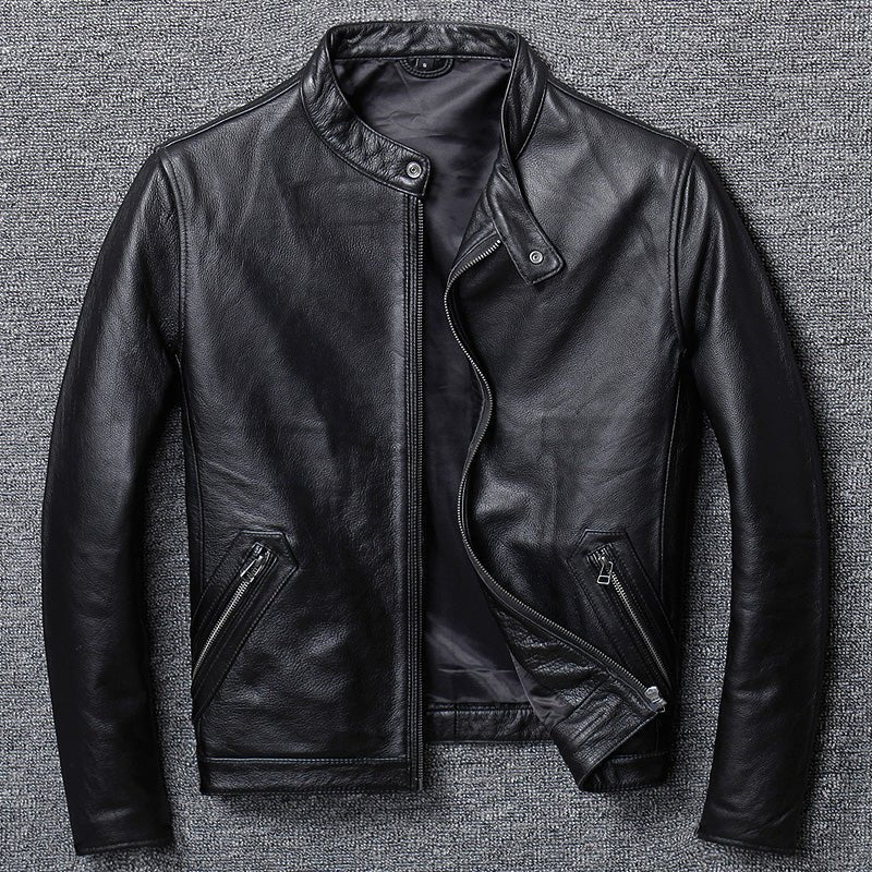 First Layer Cowhide Leather Jacket - GIGI & POPO - Men Hoodies & Jackets - Pure black / 2XL