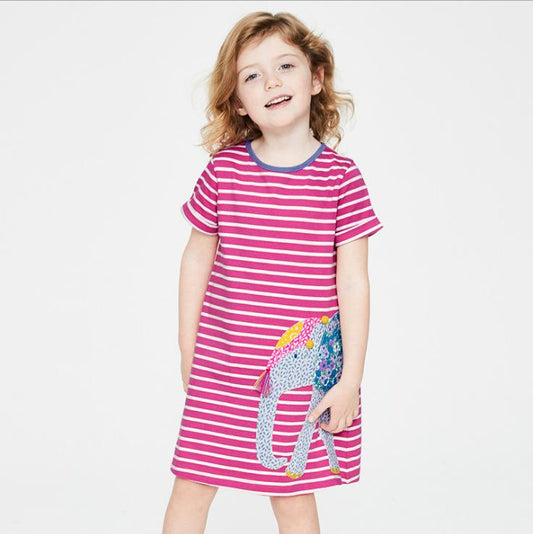 Girls' striped short sleeve cotton dress with colorful animal print.