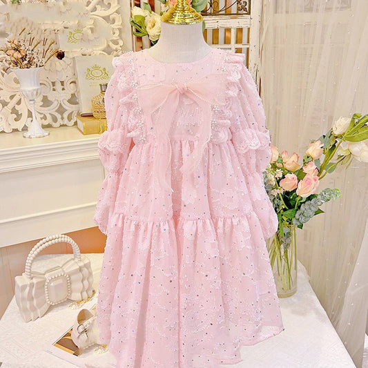 Pink fashionable girls' one-piece dress with long sleeves.