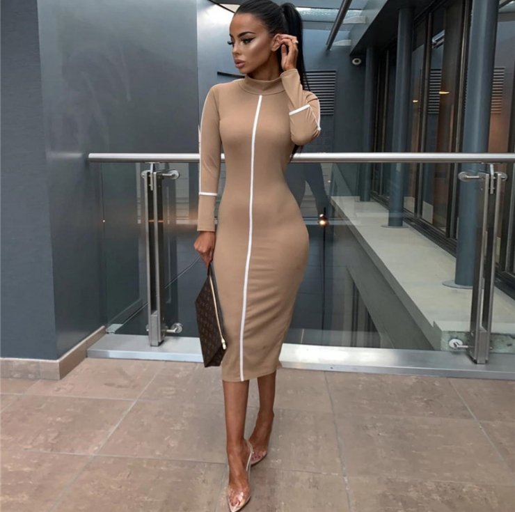 High neck long sleeve dress - GIGI & POPO - Women - Khaki / M