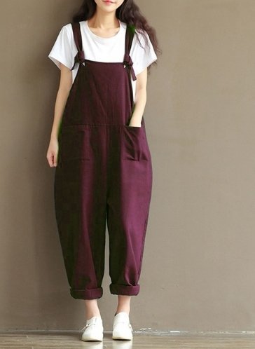 Hippie Casual Cotton Overalls - GIGI & POPO - Women - Dark red / XL