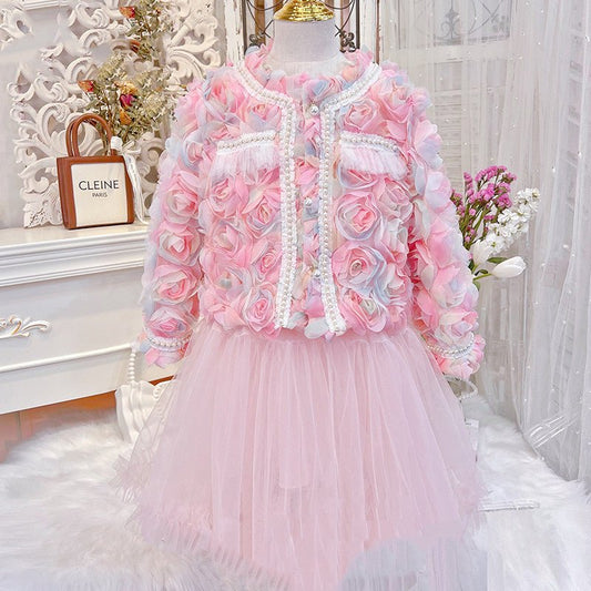 Fashionable girls' pink tutu dress with floral design and long sleeves, perfect for princess style.
