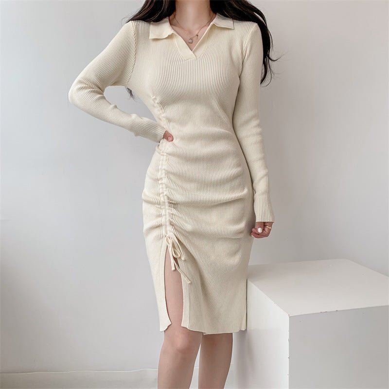 Knit literary vintage jumper dress in apricot with long sleeves and side slit.