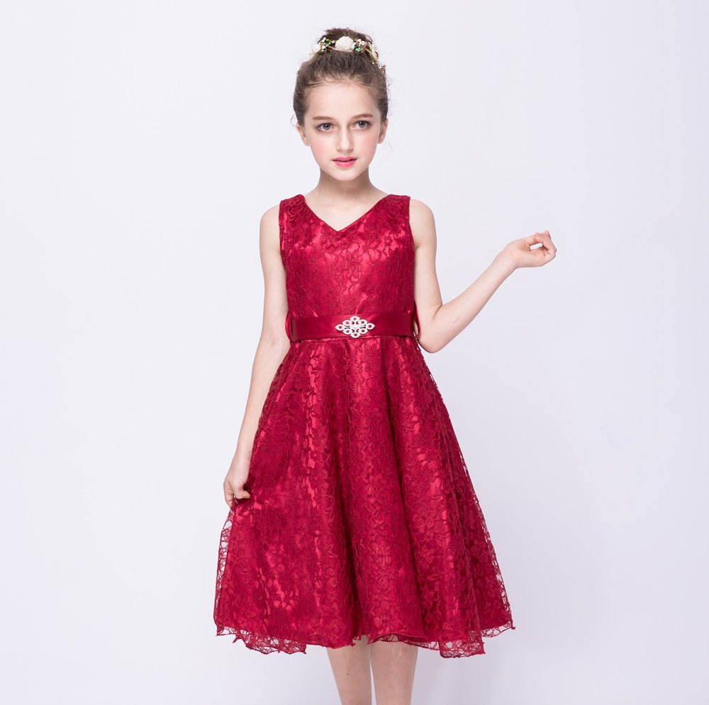 Kids girls dress children Costume Girls Dress Lace Dress Tong Wholesale - GIGI & POPO - Girl Dresses - Wine Red / 150cm