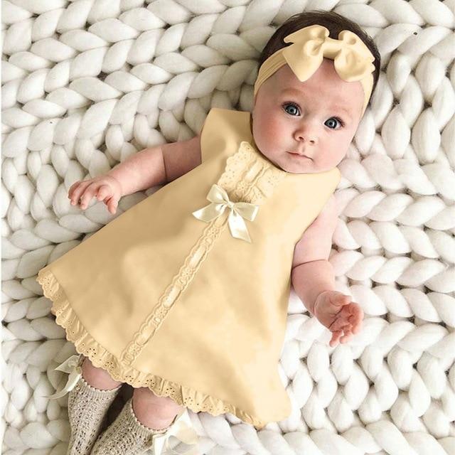 Lace Hem Sleeveless Baby Dress with Headband 2-piece set - GIGI & POPO - Baby Girl - Beige / 24M