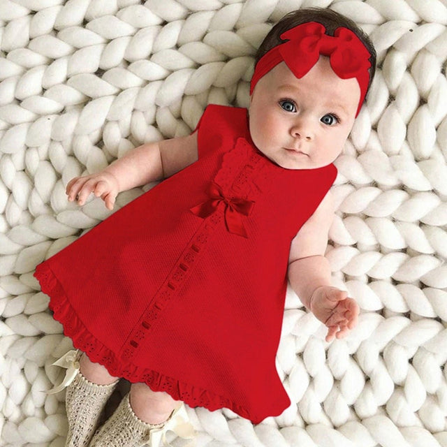 Lace Hem Sleeveless Baby Dress with Headband 2-piece set