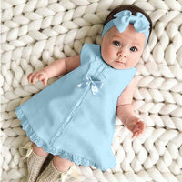 Lace Hem Sleeveless Baby Dress with Headband 2-piece set - GIGI & POPO - Baby Girl - Blue / 24M