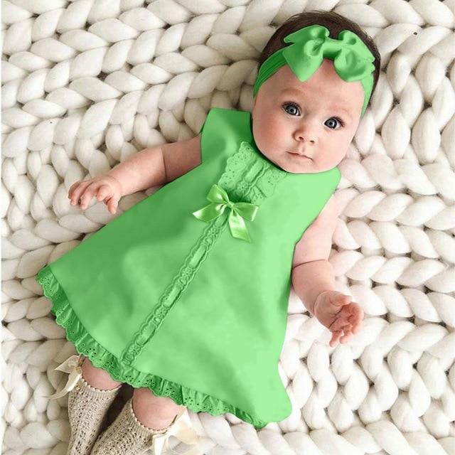 Lace Hem Sleeveless Baby Dress with Headband 2-piece set - GIGI & POPO - Baby Girl - Green / 24M