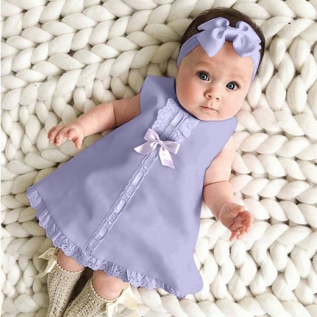 Lace Hem Sleeveless Baby Dress with Headband 2-piece set - GIGI & POPO - Baby Girl - Purple / 24M