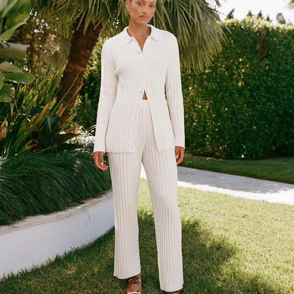 Lapel Sweater Cardigan Knitted Straight Pants Suit - GIGI & POPO