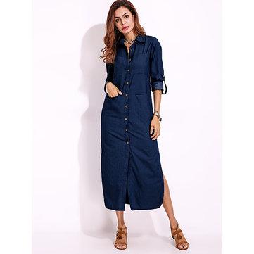 Long Sleeve Denim Shirt Dress Solid Color Turn-down Collar Button Dress - GIGI & POPO - Women -