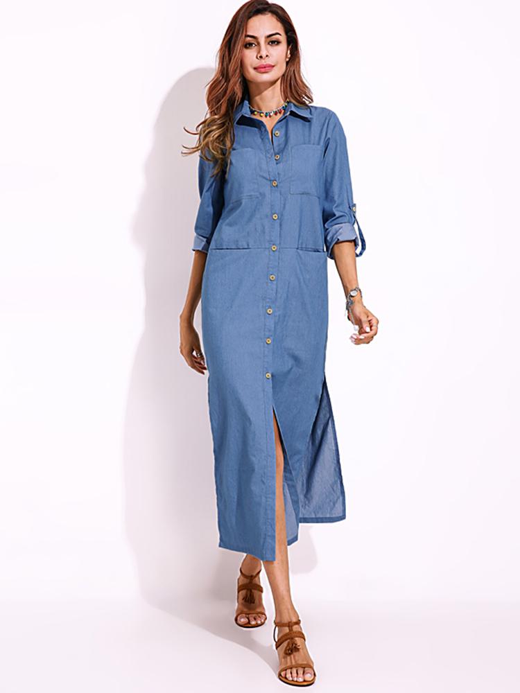 Long Sleeve Denim Shirt Dress Solid Color Turn-down Collar Button Dress - GIGI & POPO - Women - M / Light Blue