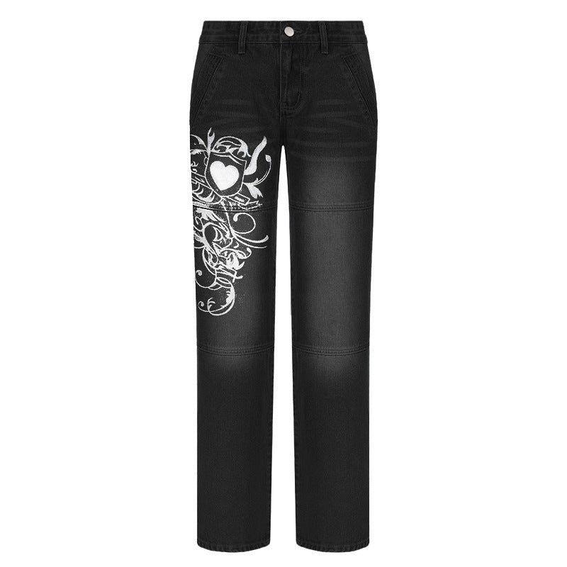 Loose Trousers Low-rise Pleated Heart-print Washed Jeans