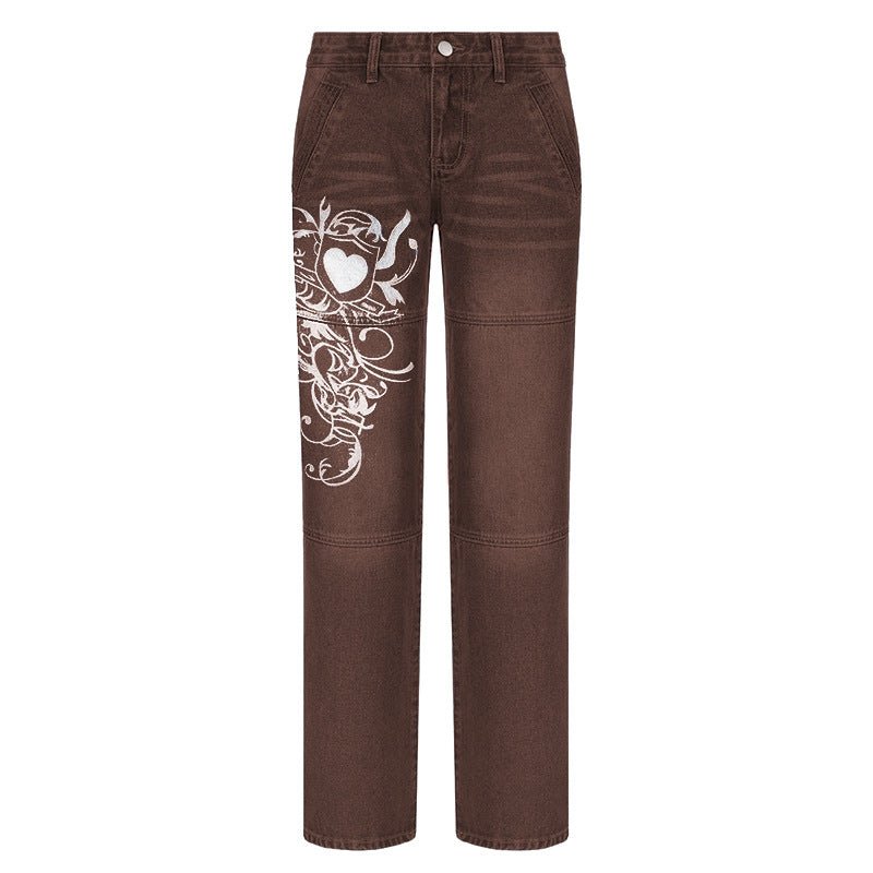 Loose Trousers Low-rise Pleated Heart-print Washed Jeans - GIGI & POPO - Jeans - Brown / S