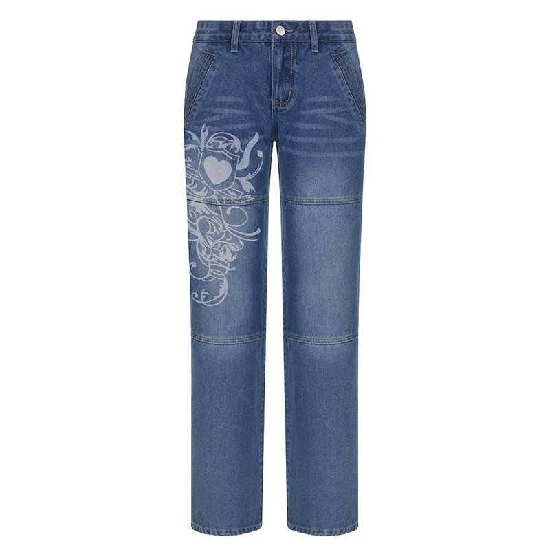 Loose Trousers Low-rise Pleated Heart-print Washed Jeans - GIGI & POPO - Jeans - Blue / S
