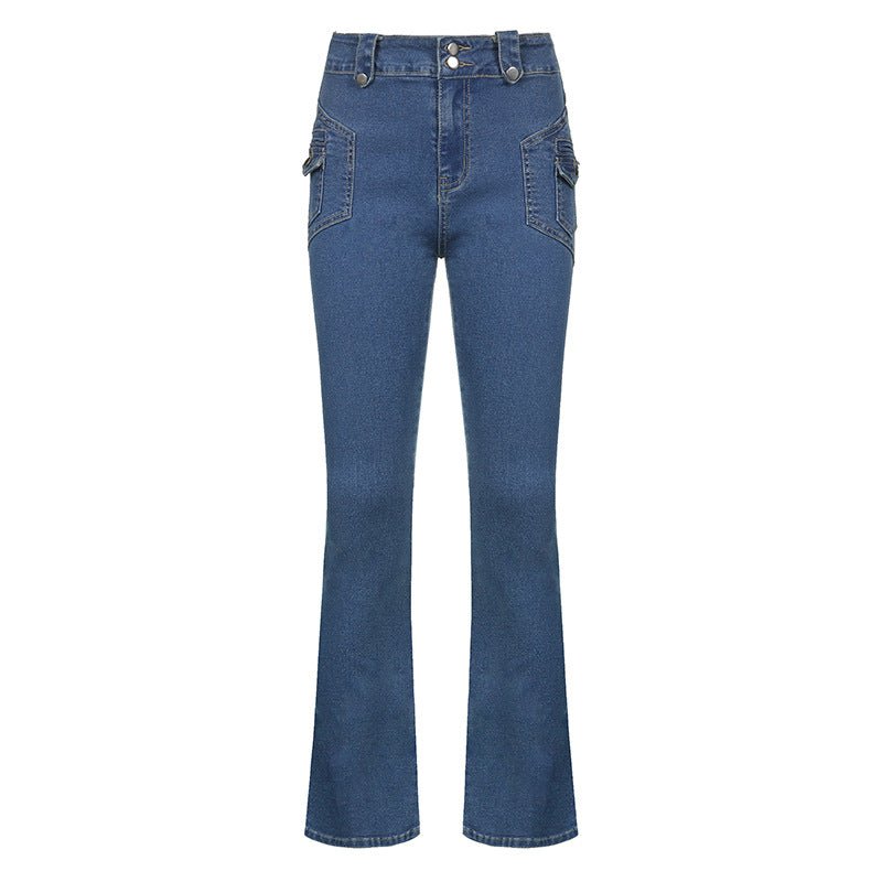 Low Rise Button Pocket Panel Trousers Jeans - GIGI & POPO - Jeans - Blue / S