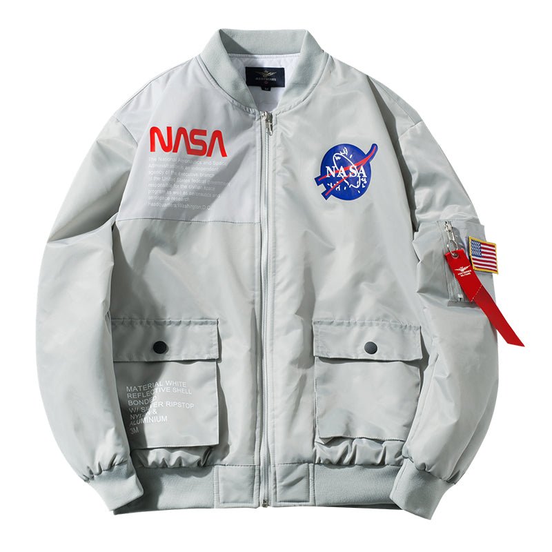 Fashion casual men's solid pilot bomber jacket with NASA patches and zipper closure.