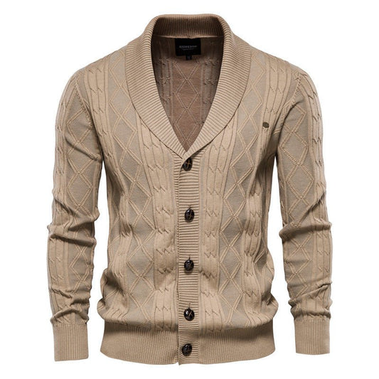 Men's Khaki Cardigan Sweater with V-neck and Twisted Design