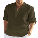 Men's Casual Cotton Linen Solid Color Long Sleeve Shirt Loose Stand Collar - GIGI & POPO - Men - Army Green / S