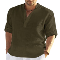 Men's Casual Cotton Linen Solid Color Long Sleeve Shirt Loose Stand Collar - GIGI & POPO - Men - Army Green / S