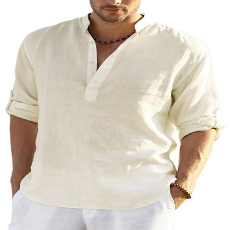 Men's Casual Cotton Linen Solid Color Long Sleeve Shirt Loose Stand Collar - GIGI & POPO - Men - Beige / S