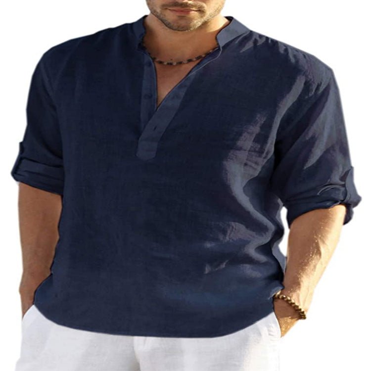 Men's Casual Cotton Linen Solid Color Long Sleeve Shirt Loose Stand Collar - GIGI & POPO - Men - Navy Blue / S