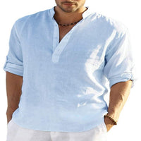 Men's Casual Cotton Linen Solid Color Long Sleeve Shirt Loose Stand Collar - GIGI & POPO - Men - Light Blue / S