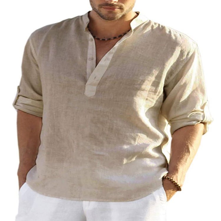 Men's Casual Cotton Linen Solid Color Long Sleeve Shirt Loose Stand Collar - GIGI & POPO - Men - Khaki / S