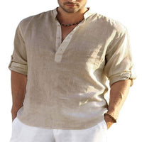 Men's Casual Cotton Linen Solid Color Long Sleeve Shirt Loose Stand Collar - GIGI & POPO - Men - Khaki / S