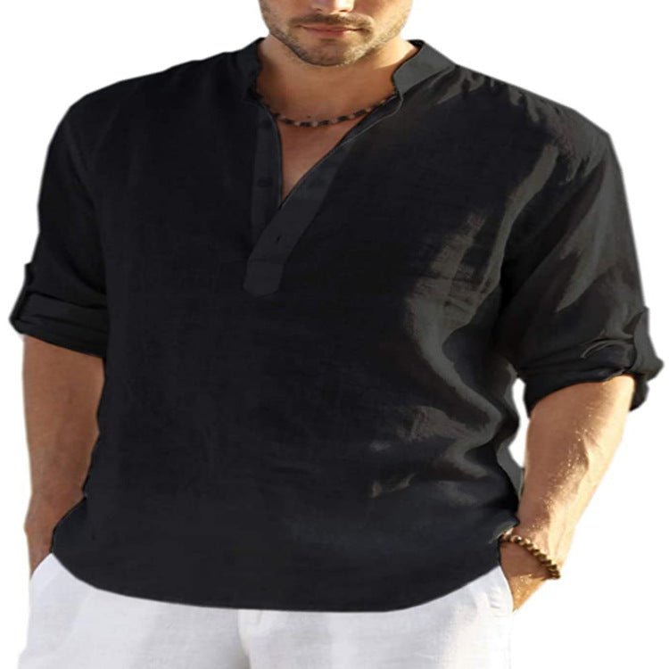 Men's Casual Cotton Linen Solid Color Long Sleeve Shirt Loose Stand Collar - GIGI & POPO - Men - Black / S