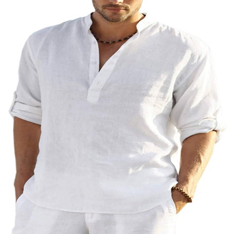 Men's Casual Cotton Linen Solid Color Long Sleeve Shirt Loose Stand Collar - GIGI & POPO - Men - White / S