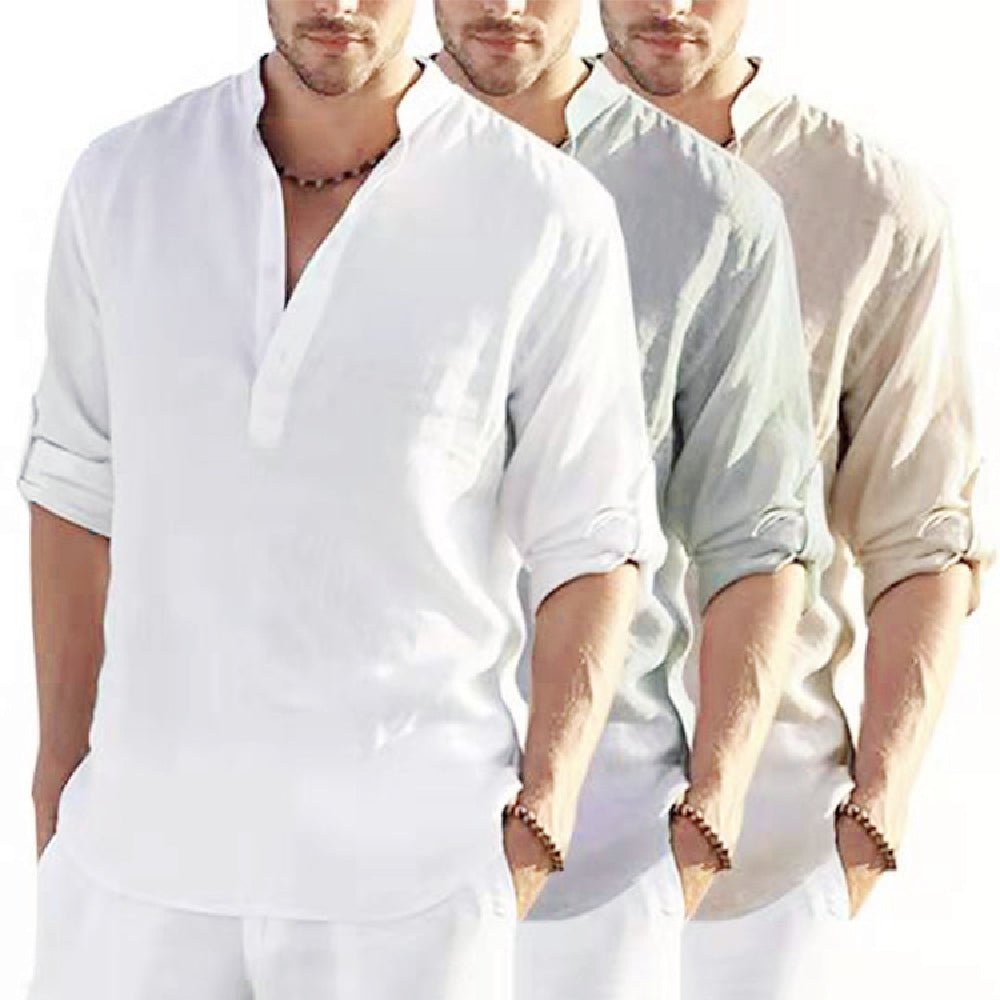 Men's Casual Cotton Linen Solid Color Long Sleeve Shirt Loose Stand Collar - GIGI & POPO - Men -