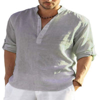 Men's Casual Cotton Linen Solid Color Long Sleeve Shirt Loose Stand Collar - GIGI & POPO - Men - Grey / S