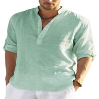 Men's Casual Cotton Linen Solid Color Long Sleeve Shirt Loose Stand Collar - GIGI & POPO - Men - Cyan / S