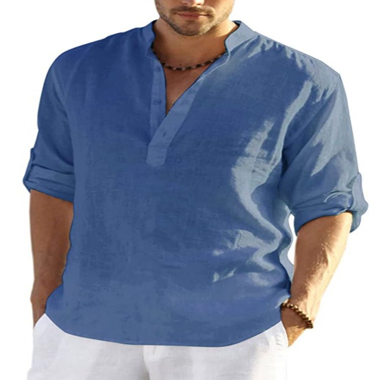 Men's Casual Cotton Linen Solid Color Long Sleeve Shirt Loose Stand Collar - GIGI & POPO - Men - Blue / S