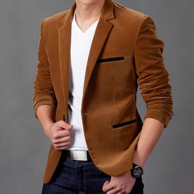 Men's casual camel slim corduroy suit, polyester fabric.